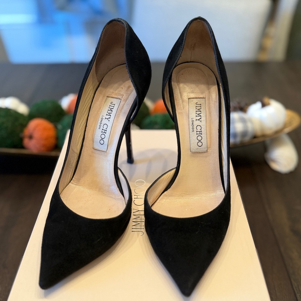 Jimmy Choo Black Suede Willis Half D’orsay Pump High Heels, w/ dust bag + box